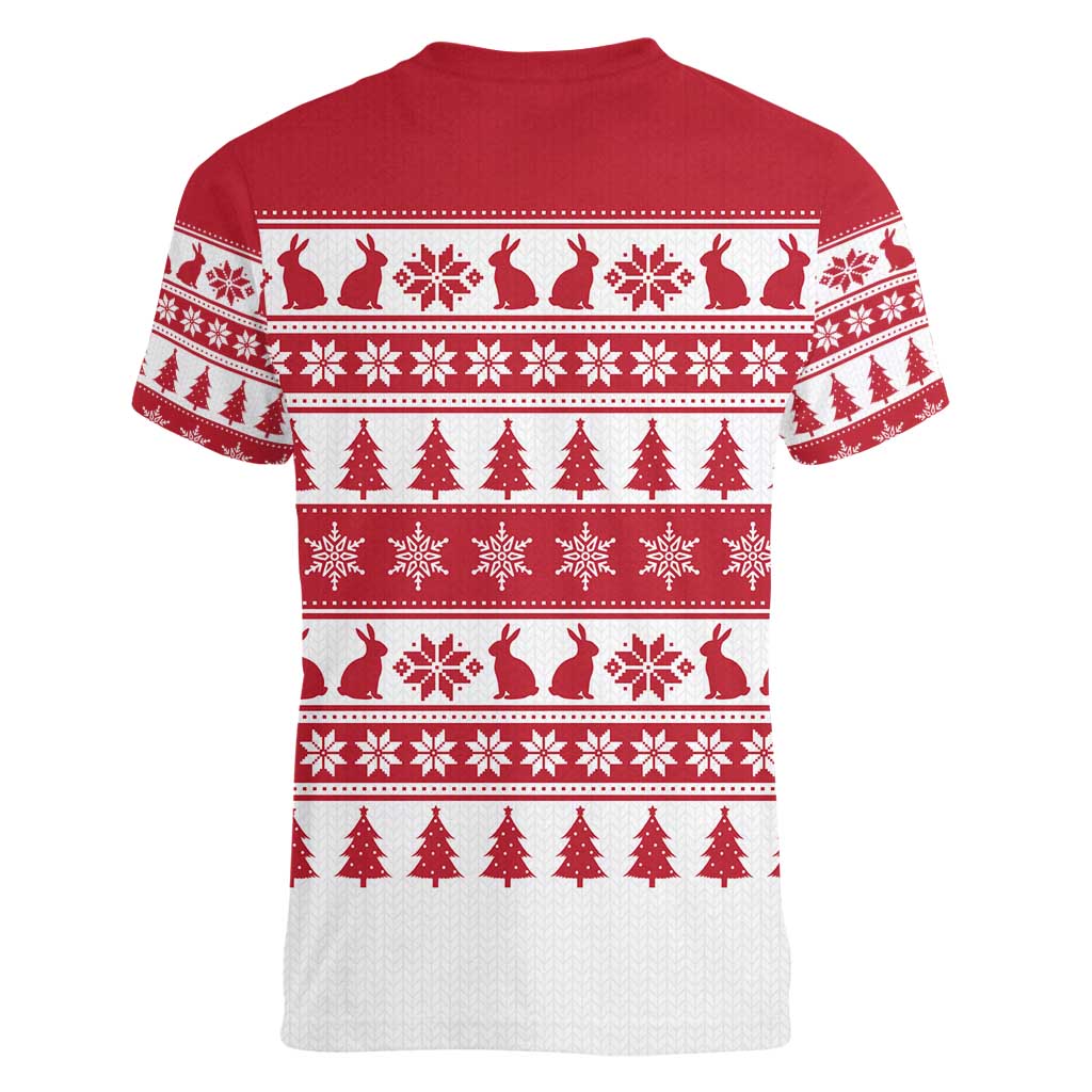 Christmas Santa Bunny Rabbits Women V-Neck T-Shirt Red White Tree Snowflake Pattern - Wonder Print Shop