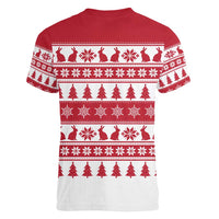 Christmas Santa Bunny Rabbits Women V-Neck T-Shirt Red White Tree Snowflake Pattern - Wonder Print Shop