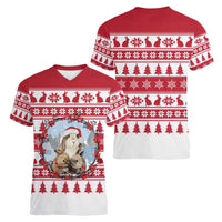 Christmas Santa Bunny Rabbits Women V-Neck T-Shirt Red White Tree Snowflake Pattern - Wonder Print Shop