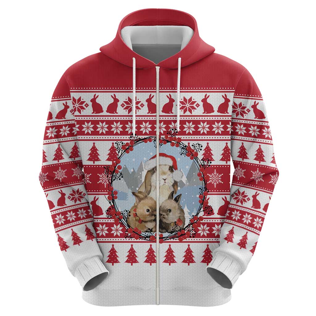 Christmas Santa Bunny Rabbits Zip Hoodie Red White Tree Snowflake Pattern - Wonder Print Shop