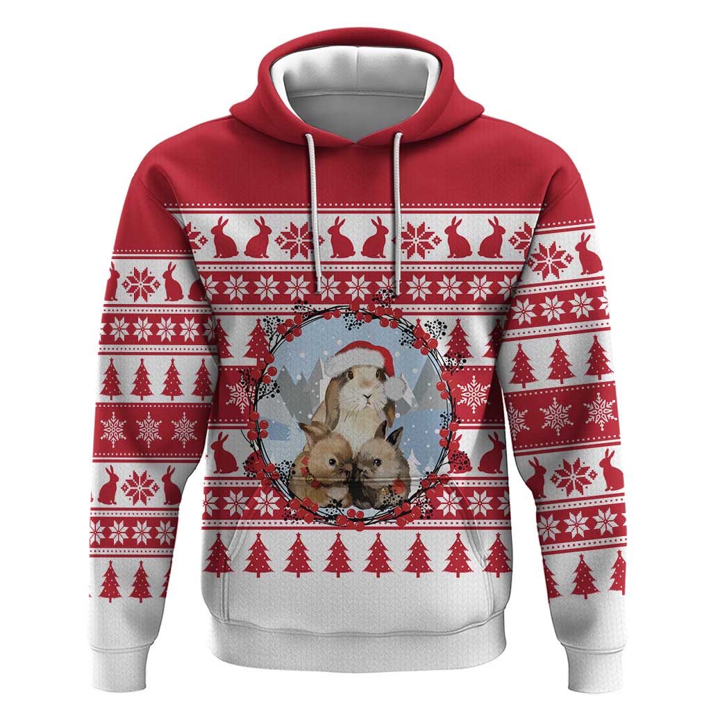 Christmas Santa Bunny Rabbits Zip Hoodie Red White Tree Snowflake Pattern - Wonder Print Shop