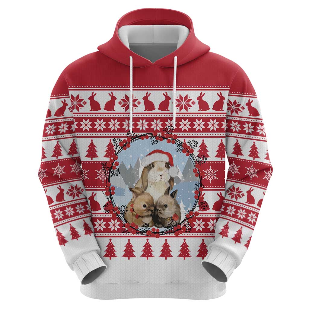 Christmas Santa Bunny Rabbits Zip Hoodie Red White Tree Snowflake Pattern - Wonder Print Shop