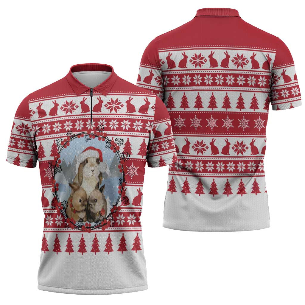Christmas Santa Bunny Rabbits Zipper Polo Shirt Red White Tree Snowflake Pattern - Wonder Print Shop