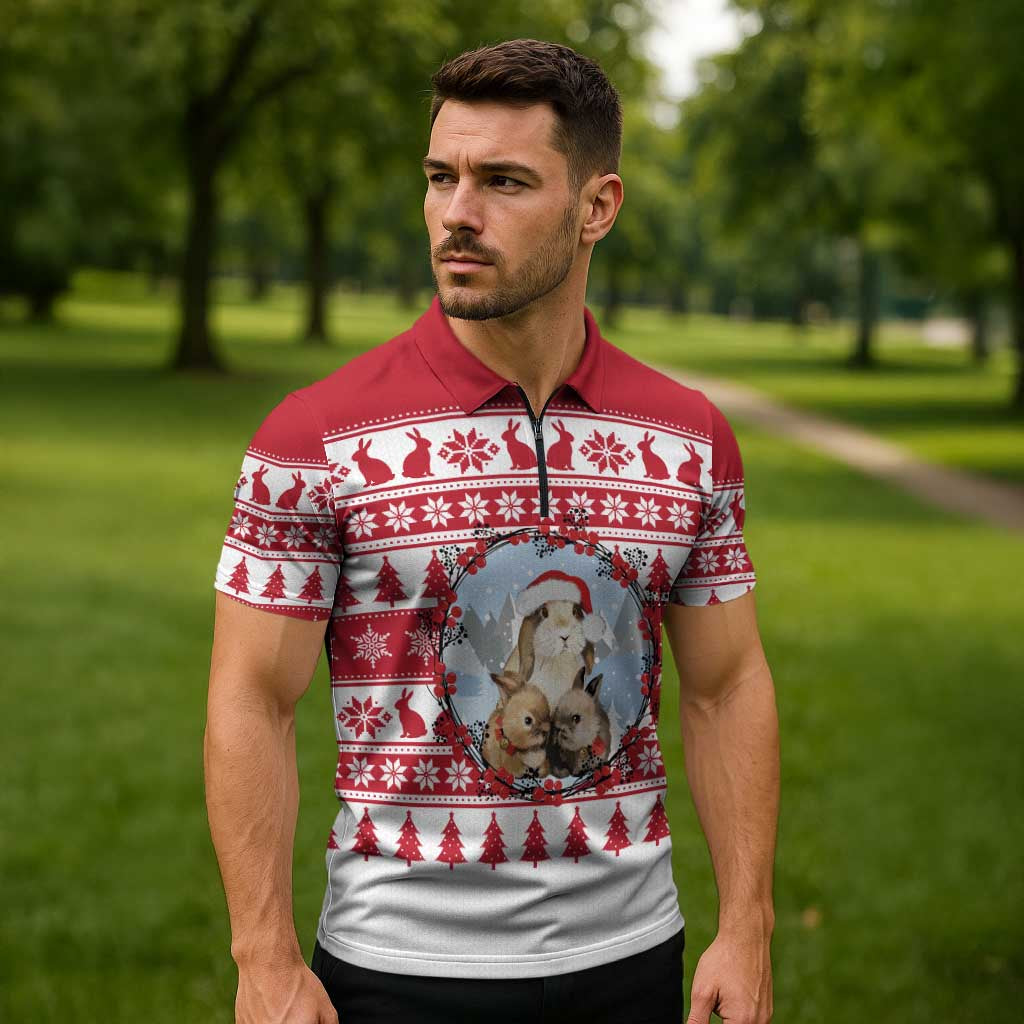 Christmas Santa Bunny Rabbits Zipper Polo Shirt Red White Tree Snowflake Pattern - Wonder Print Shop
