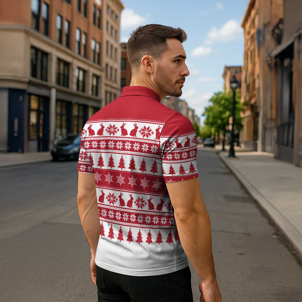 Christmas Santa Bunny Rabbits Zipper Polo Shirt Red White Tree Snowflake Pattern - Wonder Print Shop