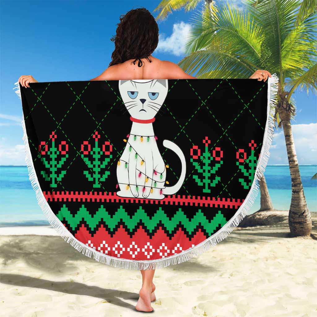 Christmas Cat Beach Blanket with Grumpy Cat in Santa Hat Holiday Lights - Wonder Print Shop