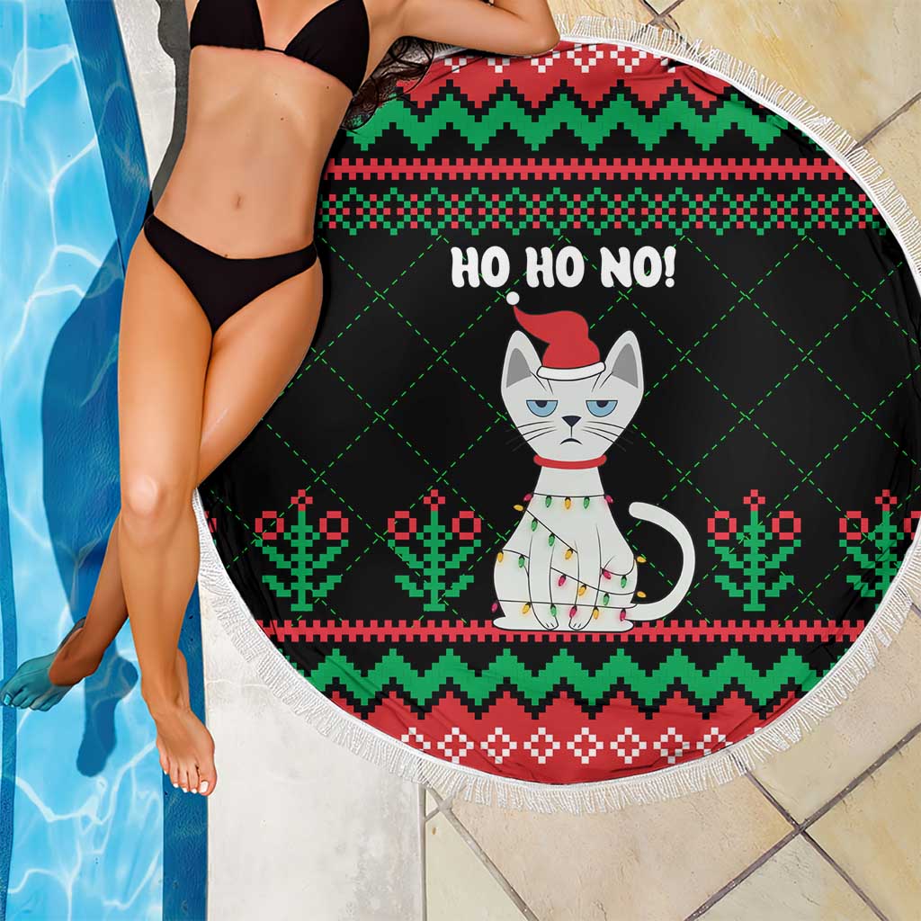 Christmas Cat Beach Blanket with Grumpy Cat in Santa Hat Holiday Lights - Wonder Print Shop
