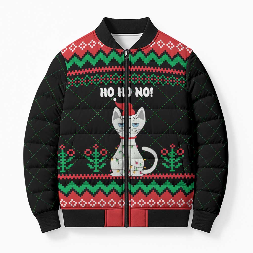 Christmas Cat Bomber Puffer Jacket with Grumpy Cat in Santa Hat Holiday Lights - Wonder Print Shop