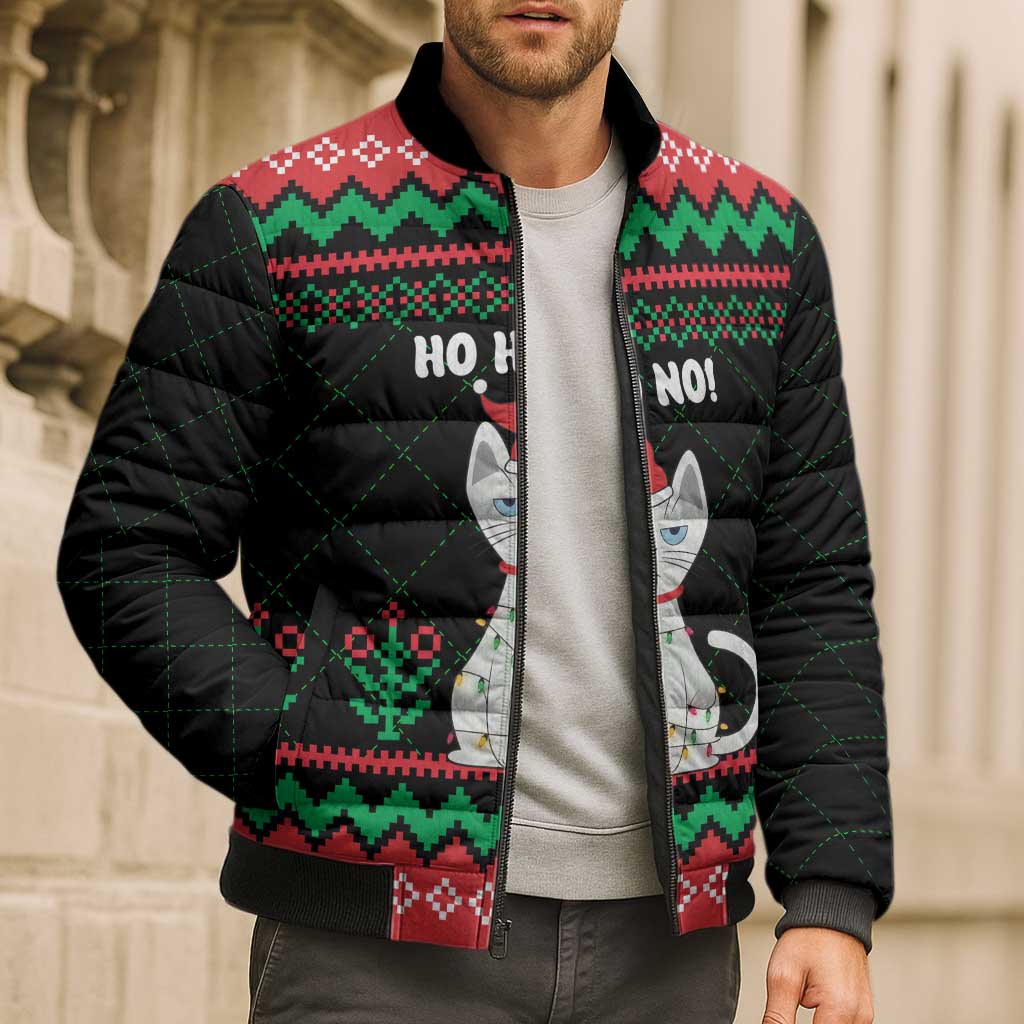 Christmas Cat Bomber Puffer Jacket with Grumpy Cat in Santa Hat Holiday Lights - Wonder Print Shop