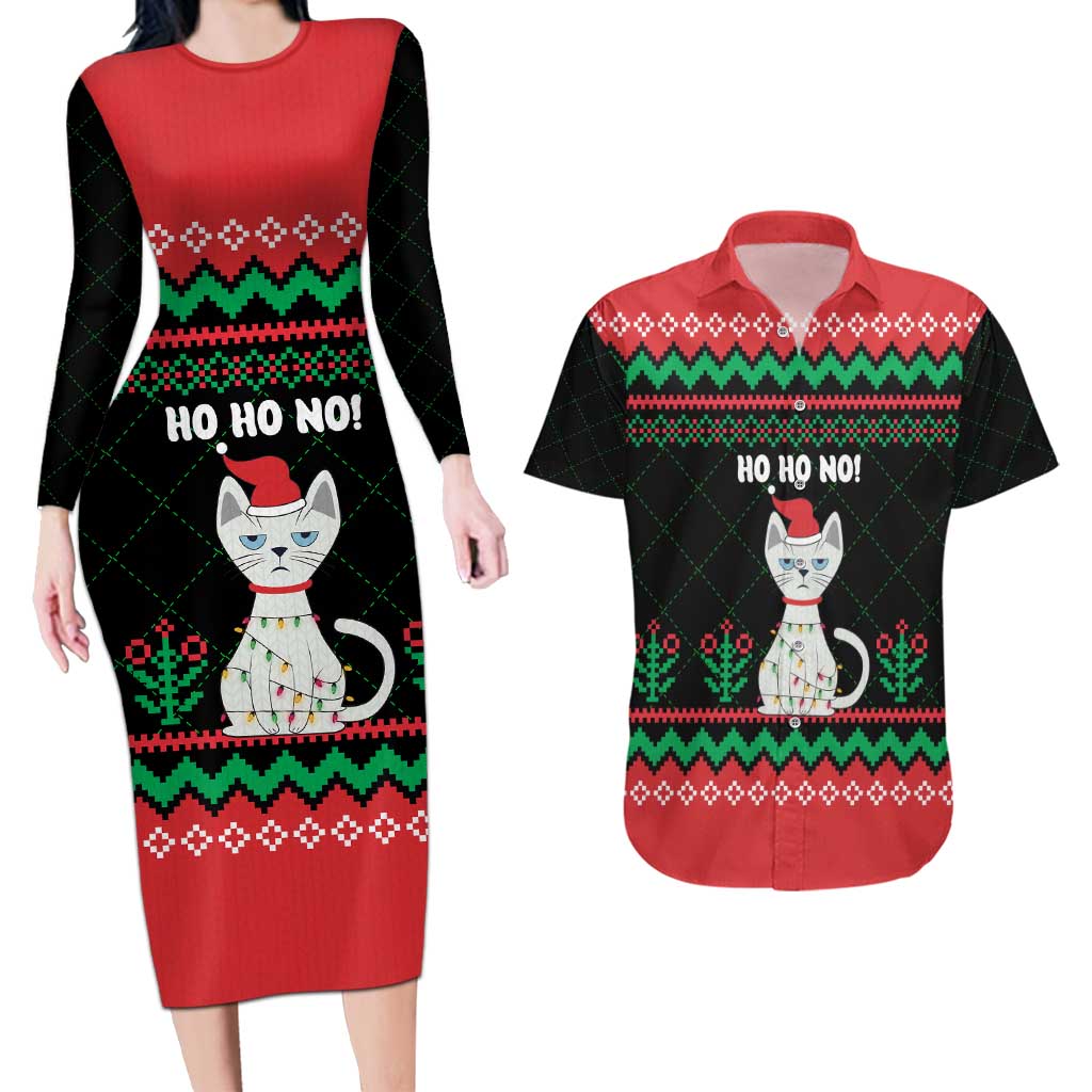 Christmas Cat Couples Matching Long Sleeve Bodycon Dress and Hawaiian Shirt with Grumpy Cat in Santa Hat Holiday Lights - Wonder Print Shop