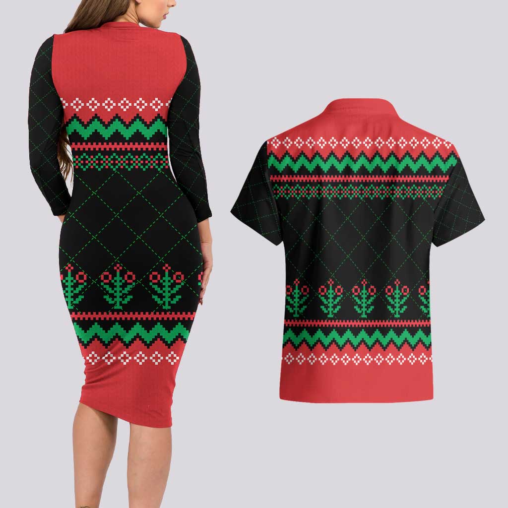 Christmas Cat Couples Matching Long Sleeve Bodycon Dress and Hawaiian Shirt with Grumpy Cat in Santa Hat Holiday Lights - Wonder Print Shop