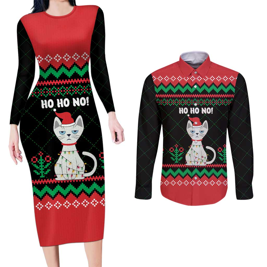 Christmas Cat Couples Matching Long Sleeve Bodycon Dress and Long Sleeve Button Shirt with Grumpy Cat in Santa Hat Holiday Lights - Wonder Print Shop