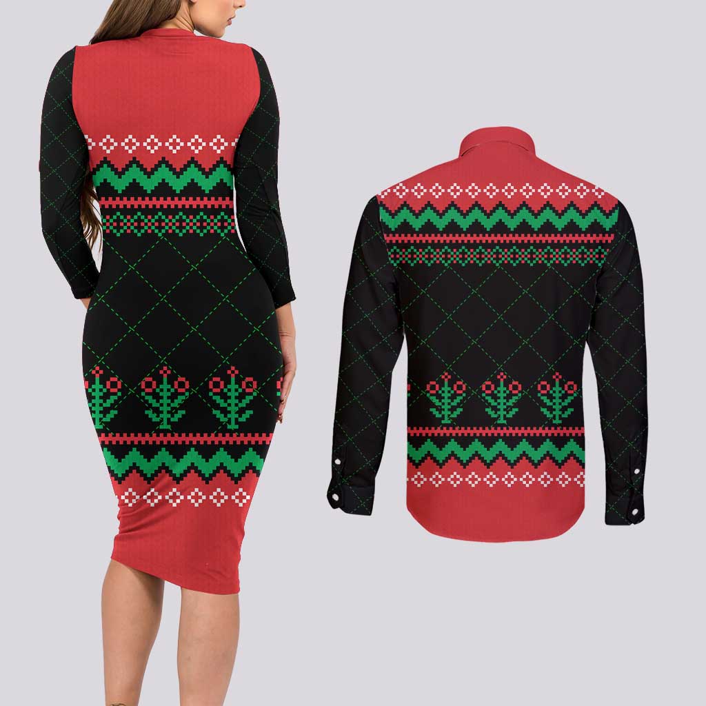 Christmas Cat Couples Matching Long Sleeve Bodycon Dress and Long Sleeve Button Shirt with Grumpy Cat in Santa Hat Holiday Lights - Wonder Print Shop