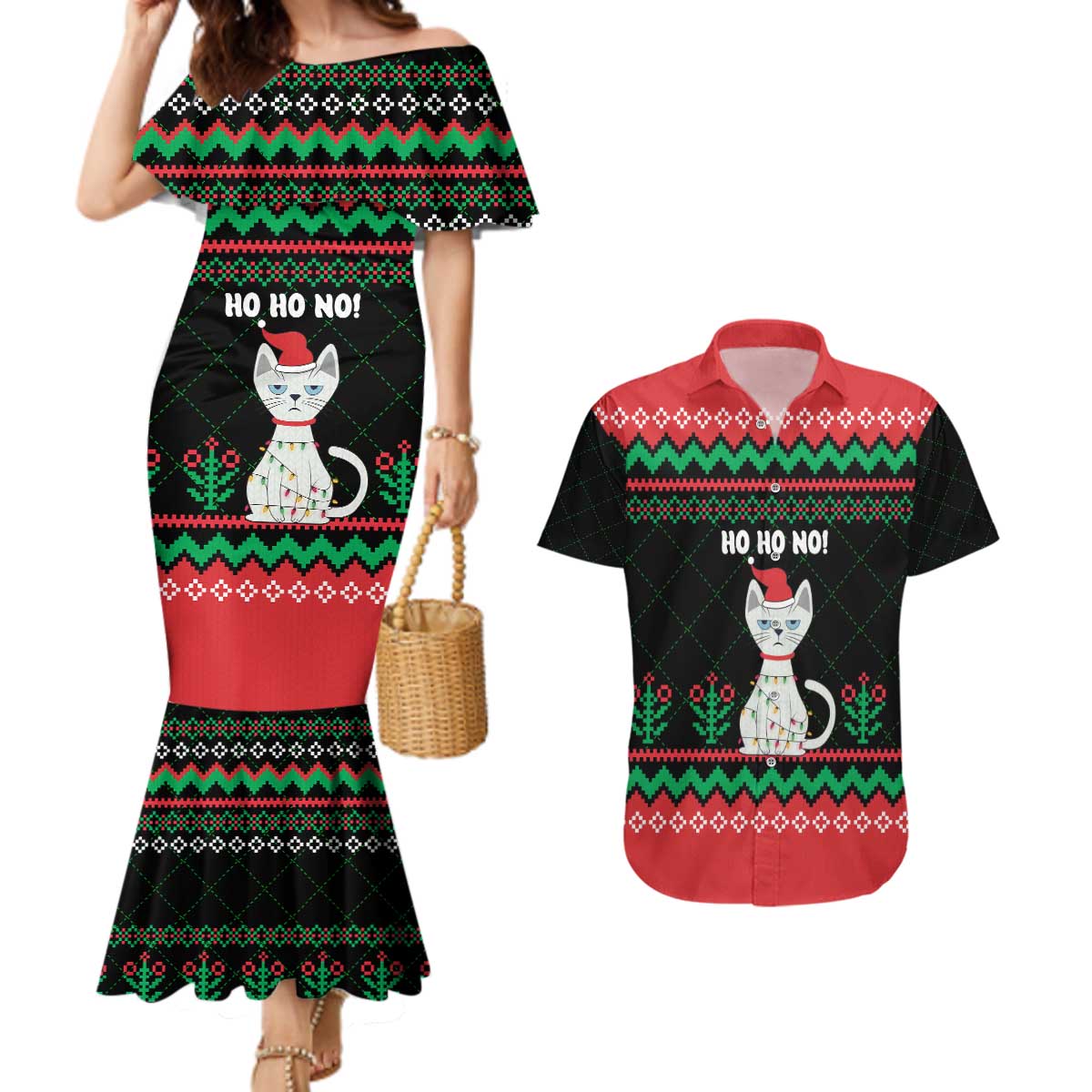 Christmas Cat Couples Matching Mermaid Dress and Hawaiian Shirt with Grumpy Cat in Santa Hat Holiday Lights - Wonder Print Shop