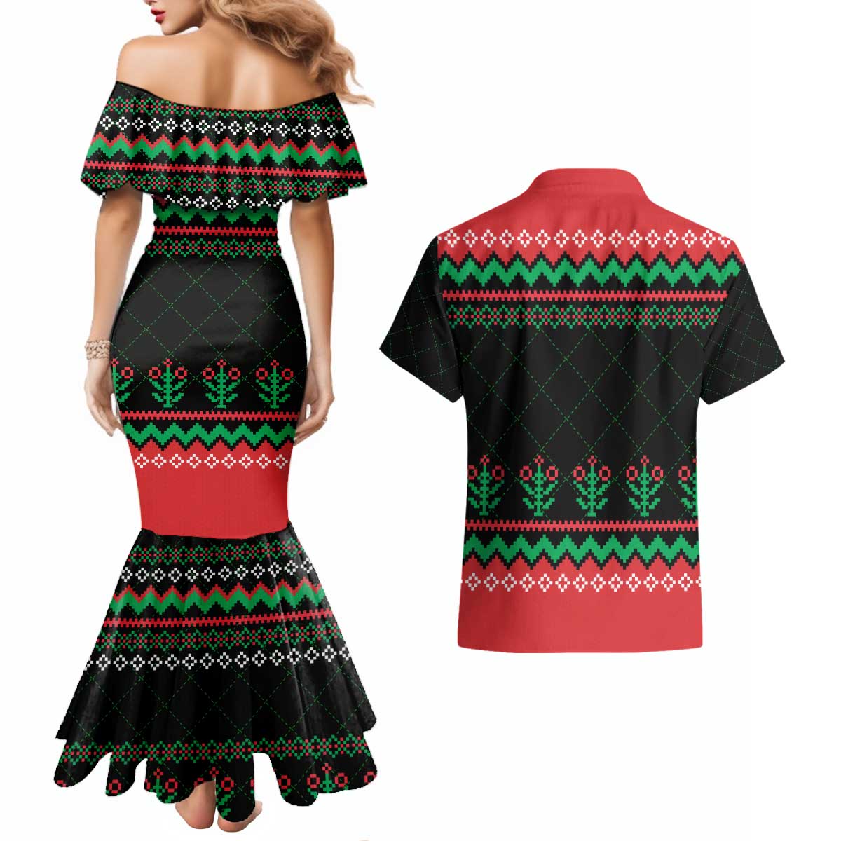 Christmas Cat Couples Matching Mermaid Dress and Hawaiian Shirt with Grumpy Cat in Santa Hat Holiday Lights - Wonder Print Shop