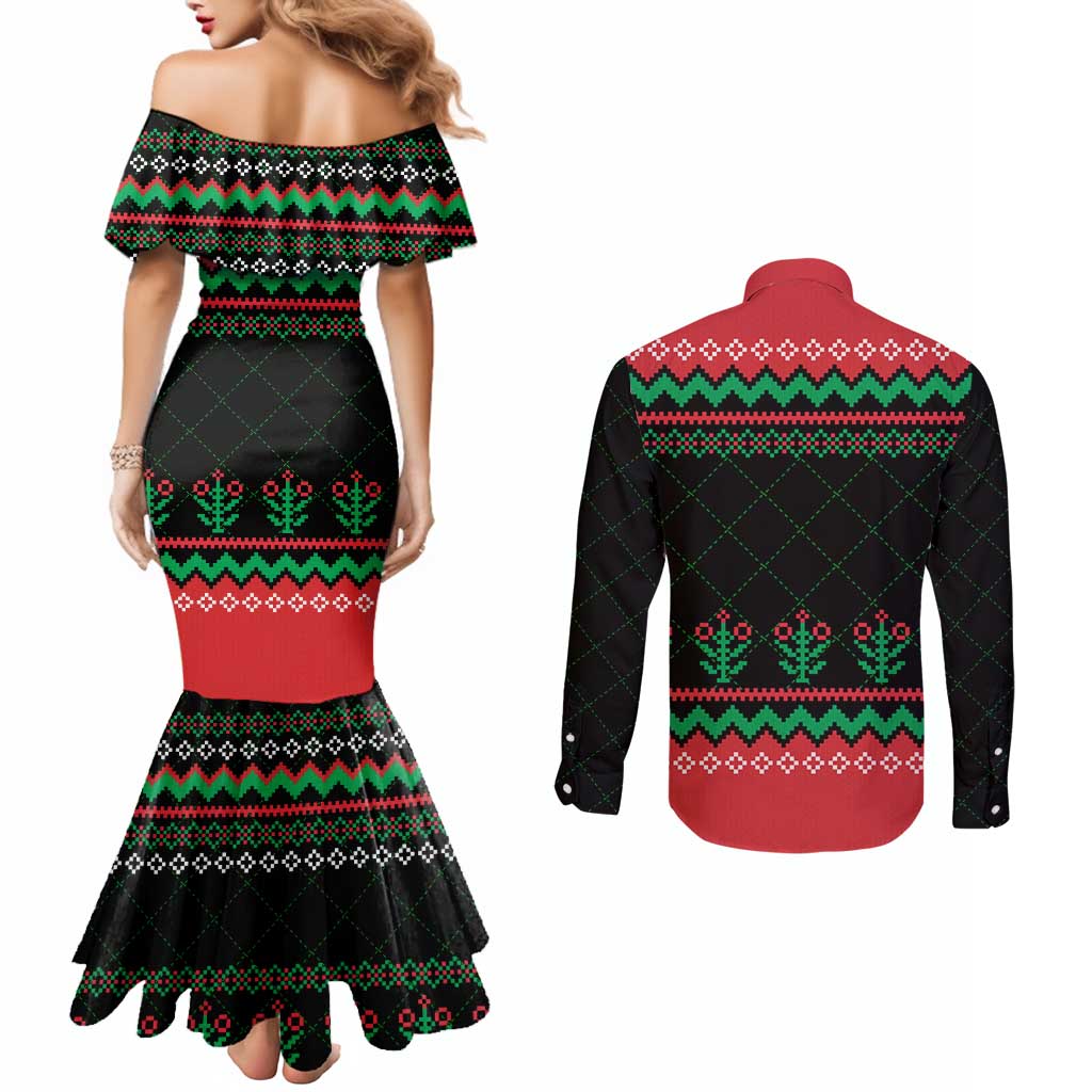 Christmas Cat Couples Matching Mermaid Dress and Long Sleeve Button Shirt with Grumpy Cat in Santa Hat Holiday Lights - Wonder Print Shop