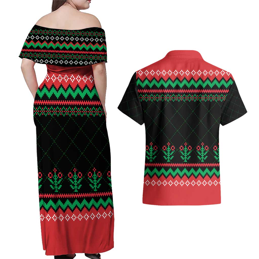 Christmas Cat Couples Matching Off Shoulder Maxi Dress and Hawaiian Shirt with Grumpy Cat in Santa Hat Holiday Lights - Wonder Print Shop