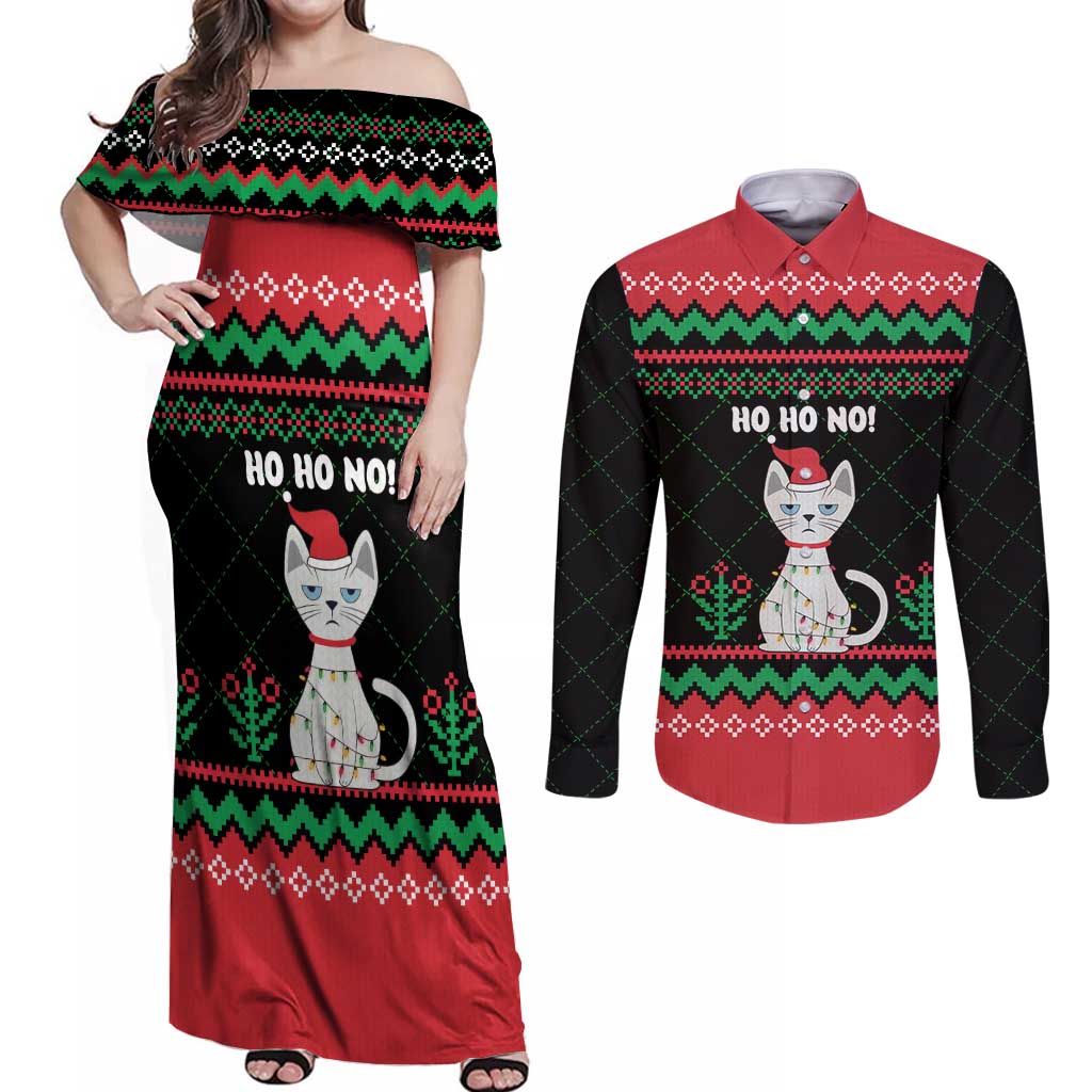 Christmas Cat Couples Matching Off Shoulder Maxi Dress and Long Sleeve Button Shirt with Grumpy Cat in Santa Hat Holiday Lights - Wonder Print Shop
