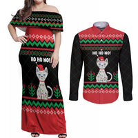 Christmas Cat Couples Matching Off Shoulder Maxi Dress and Long Sleeve Button Shirt with Grumpy Cat in Santa Hat Holiday Lights - Wonder Print Shop