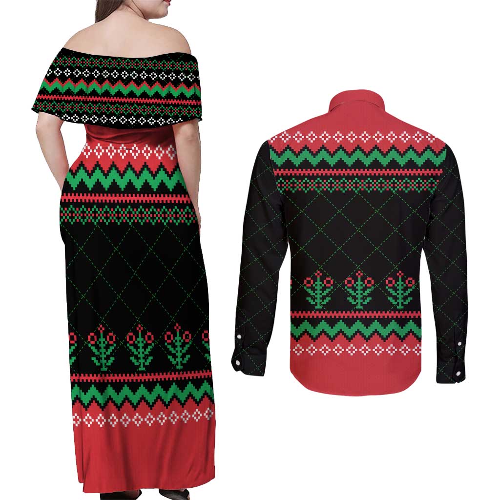 Christmas Cat Couples Matching Off Shoulder Maxi Dress and Long Sleeve Button Shirt with Grumpy Cat in Santa Hat Holiday Lights - Wonder Print Shop