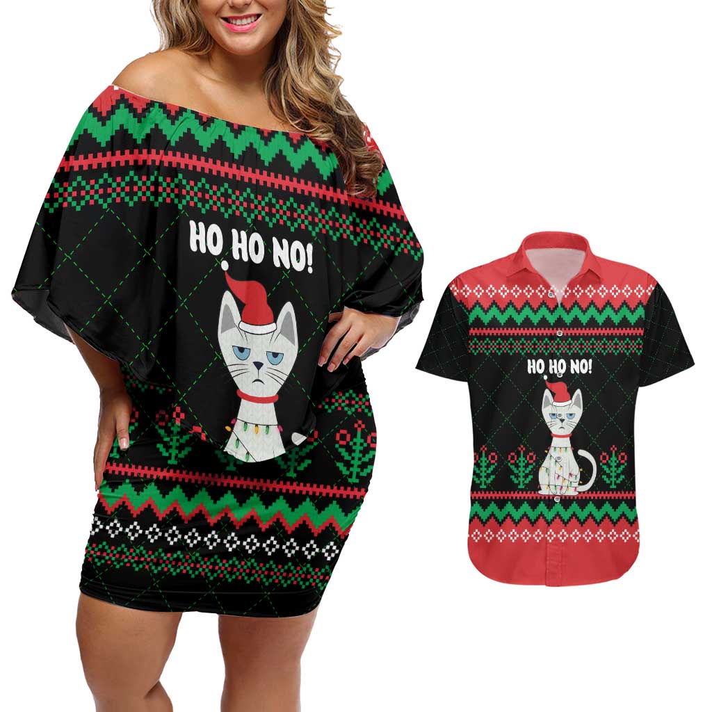 Christmas Cat Couples Matching Off Shoulder Short Dress and Hawaiian Shirt with Grumpy Cat in Santa Hat Holiday Lights - Wonder Print Shop