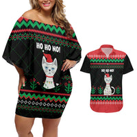 Christmas Cat Couples Matching Off Shoulder Short Dress and Hawaiian Shirt with Grumpy Cat in Santa Hat Holiday Lights - Wonder Print Shop