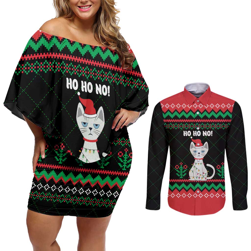 Christmas Cat Couples Matching Off Shoulder Short Dress and Long Sleeve Button Shirt with Grumpy Cat in Santa Hat Holiday Lights - Wonder Print Shop