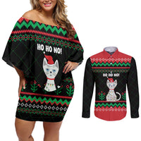 Christmas Cat Couples Matching Off Shoulder Short Dress and Long Sleeve Button Shirt with Grumpy Cat in Santa Hat Holiday Lights - Wonder Print Shop
