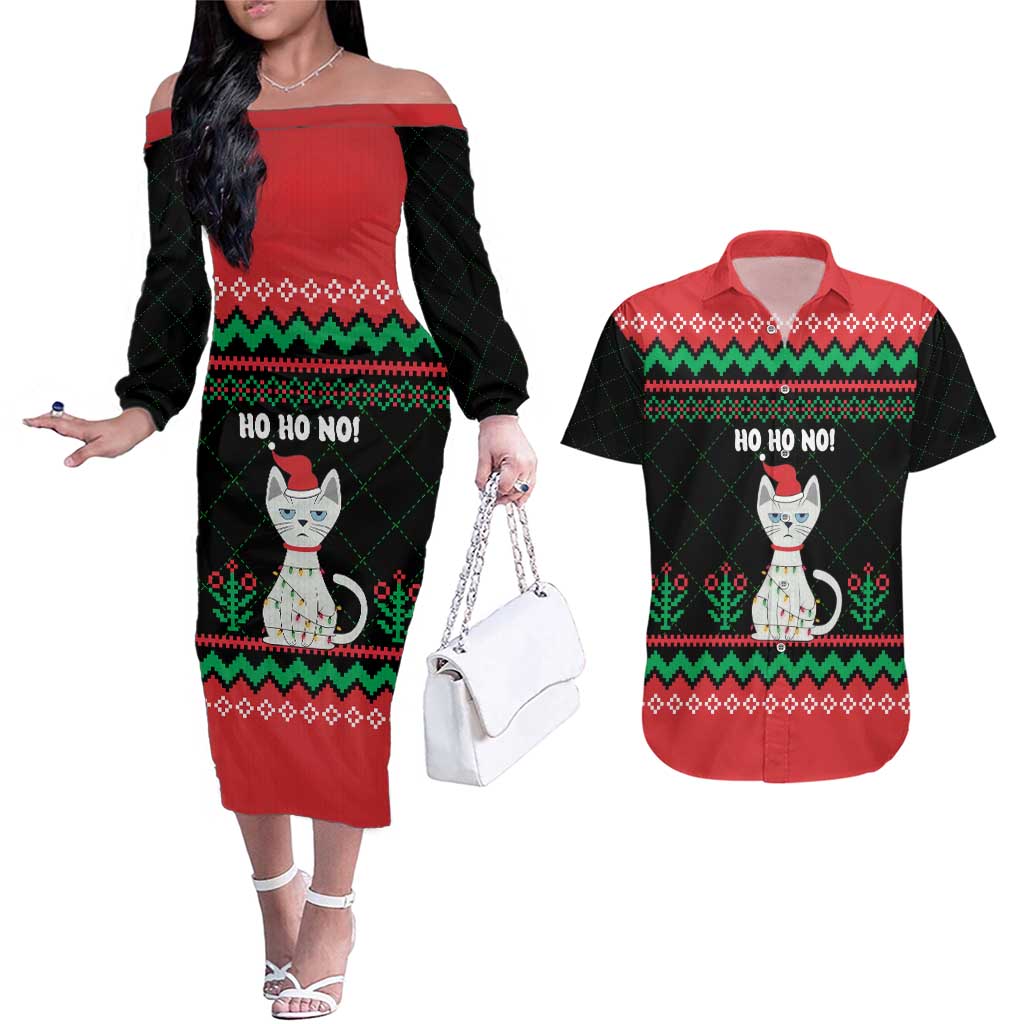 Christmas Cat Couples Matching Off The Shoulder Long Sleeve Dress and Hawaiian Shirt with Grumpy Cat in Santa Hat Holiday Lights - Wonder Print Shop