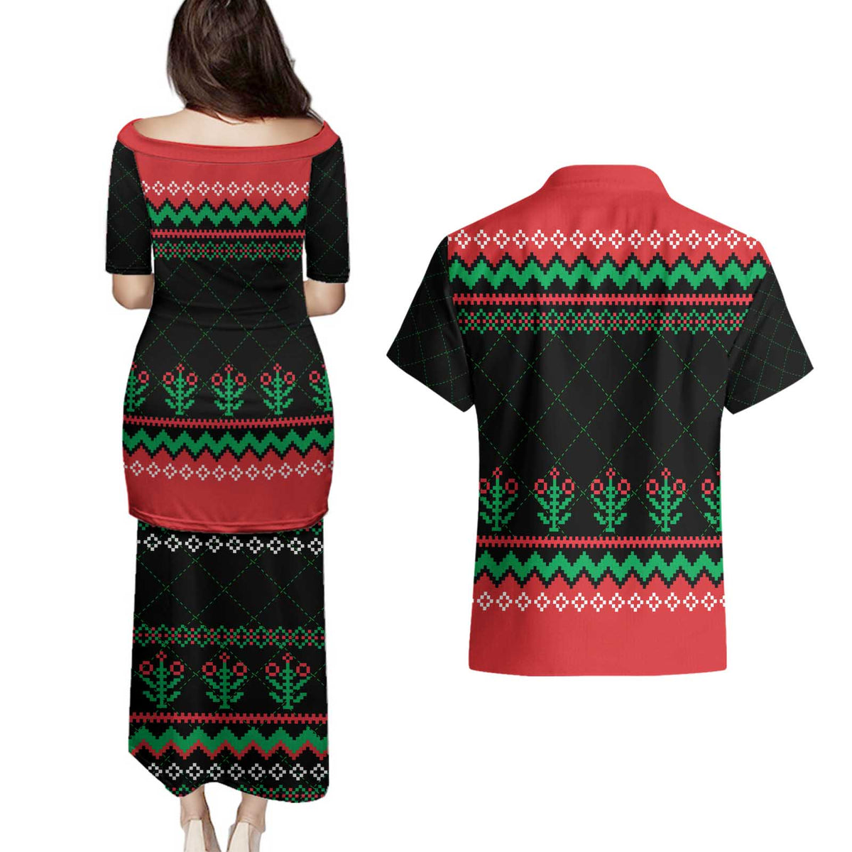 Christmas Cat Couples Matching Puletasi and Hawaiian Shirt with Grumpy Cat in Santa Hat Holiday Lights - Wonder Print Shop