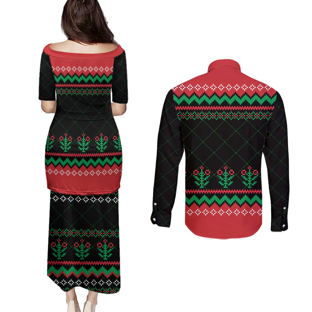 Christmas Cat Couples Matching Puletasi and Long Sleeve Button Shirt with Grumpy Cat in Santa Hat Holiday Lights - Wonder Print Shop