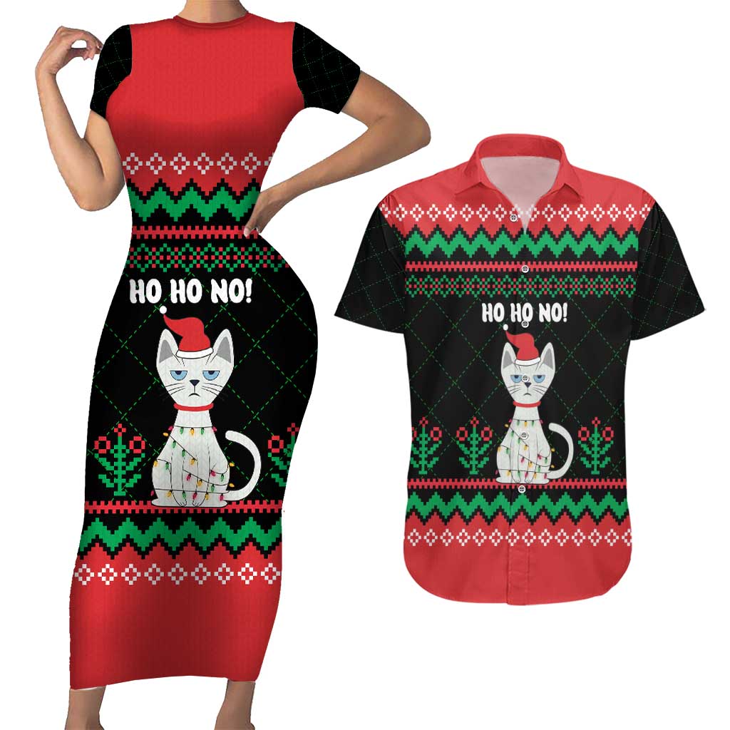 Christmas Cat Couples Matching Short Sleeve Bodycon Dress and Hawaiian Shirt with Grumpy Cat in Santa Hat Holiday Lights - Wonder Print Shop