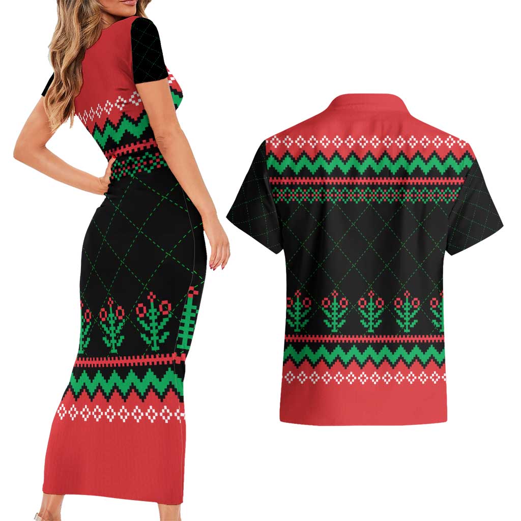 Christmas Cat Couples Matching Short Sleeve Bodycon Dress and Hawaiian Shirt with Grumpy Cat in Santa Hat Holiday Lights - Wonder Print Shop