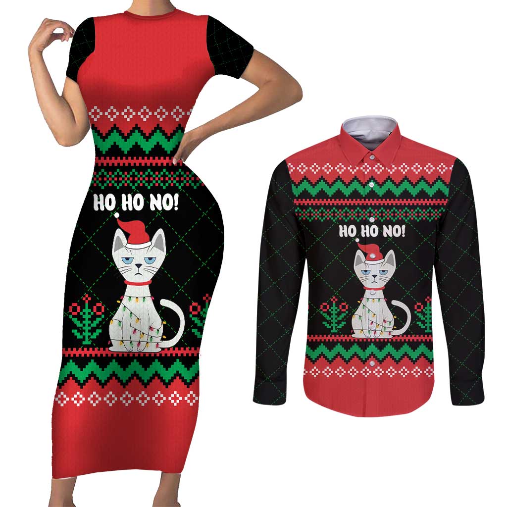 Christmas Cat Couples Matching Short Sleeve Bodycon Dress and Long Sleeve Button Shirt with Grumpy Cat in Santa Hat Holiday Lights - Wonder Print Shop