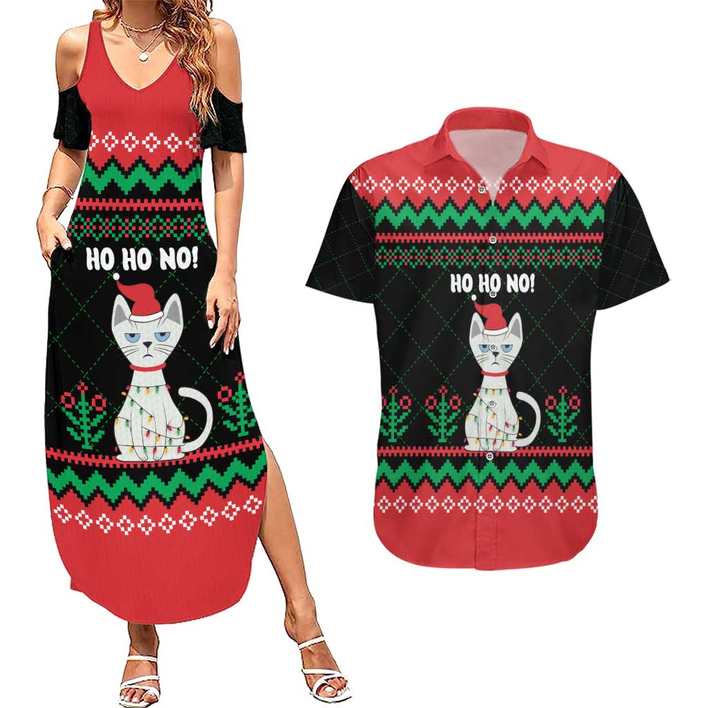Christmas Cat Couples Matching Summer Maxi Dress and Hawaiian Shirt with Grumpy Cat in Santa Hat Holiday Lights - Wonder Print Shop