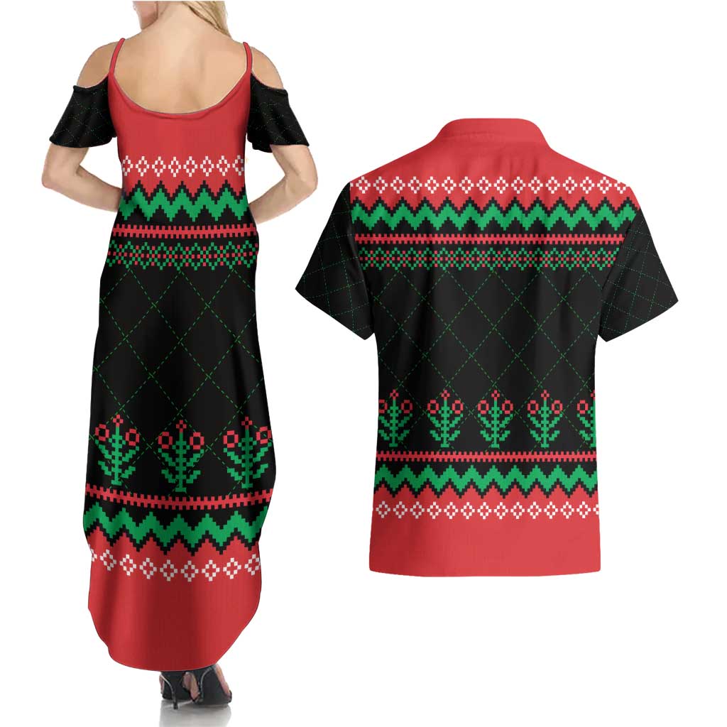 Christmas Cat Couples Matching Summer Maxi Dress and Hawaiian Shirt with Grumpy Cat in Santa Hat Holiday Lights - Wonder Print Shop