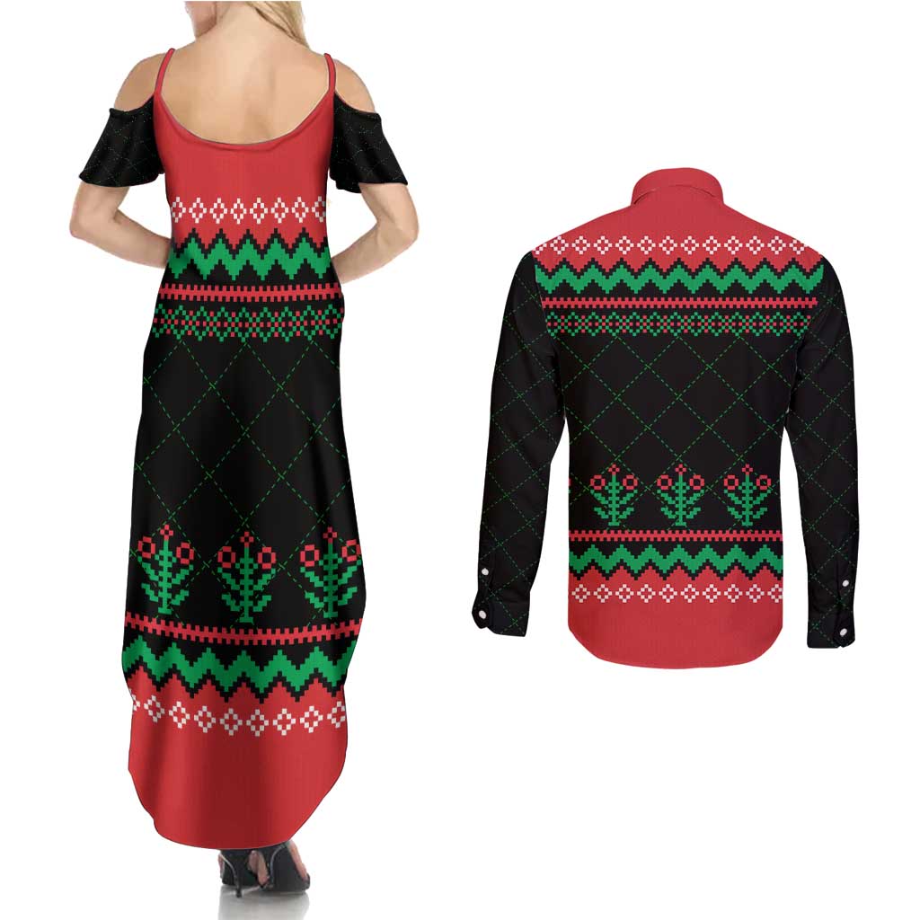 Christmas Cat Couples Matching Summer Maxi Dress and Long Sleeve Button Shirt with Grumpy Cat in Santa Hat Holiday Lights - Wonder Print Shop