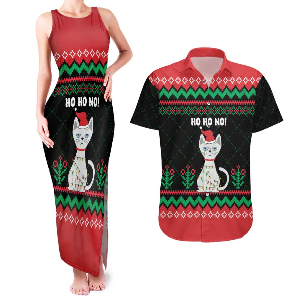 Christmas Cat Couples Matching Tank Maxi Dress and Hawaiian Shirt with Grumpy Cat in Santa Hat Holiday Lights - Wonder Print Shop