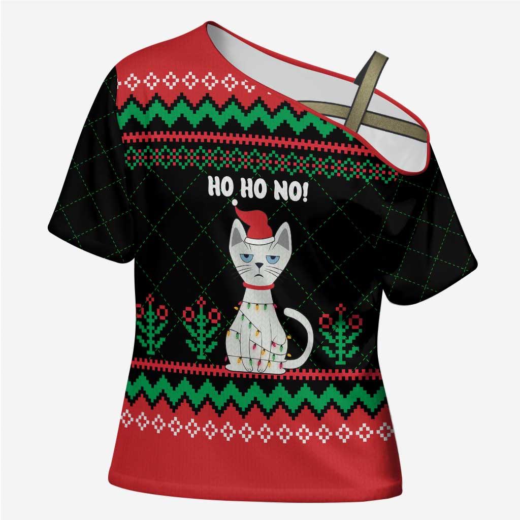 Christmas Cat Cross Shoulder Shirt with Grumpy Cat in Santa Hat Holiday Lights - Wonder Print Shop