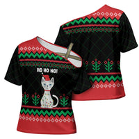 Christmas Cat Cross Shoulder Shirt with Grumpy Cat in Santa Hat Holiday Lights - Wonder Print Shop