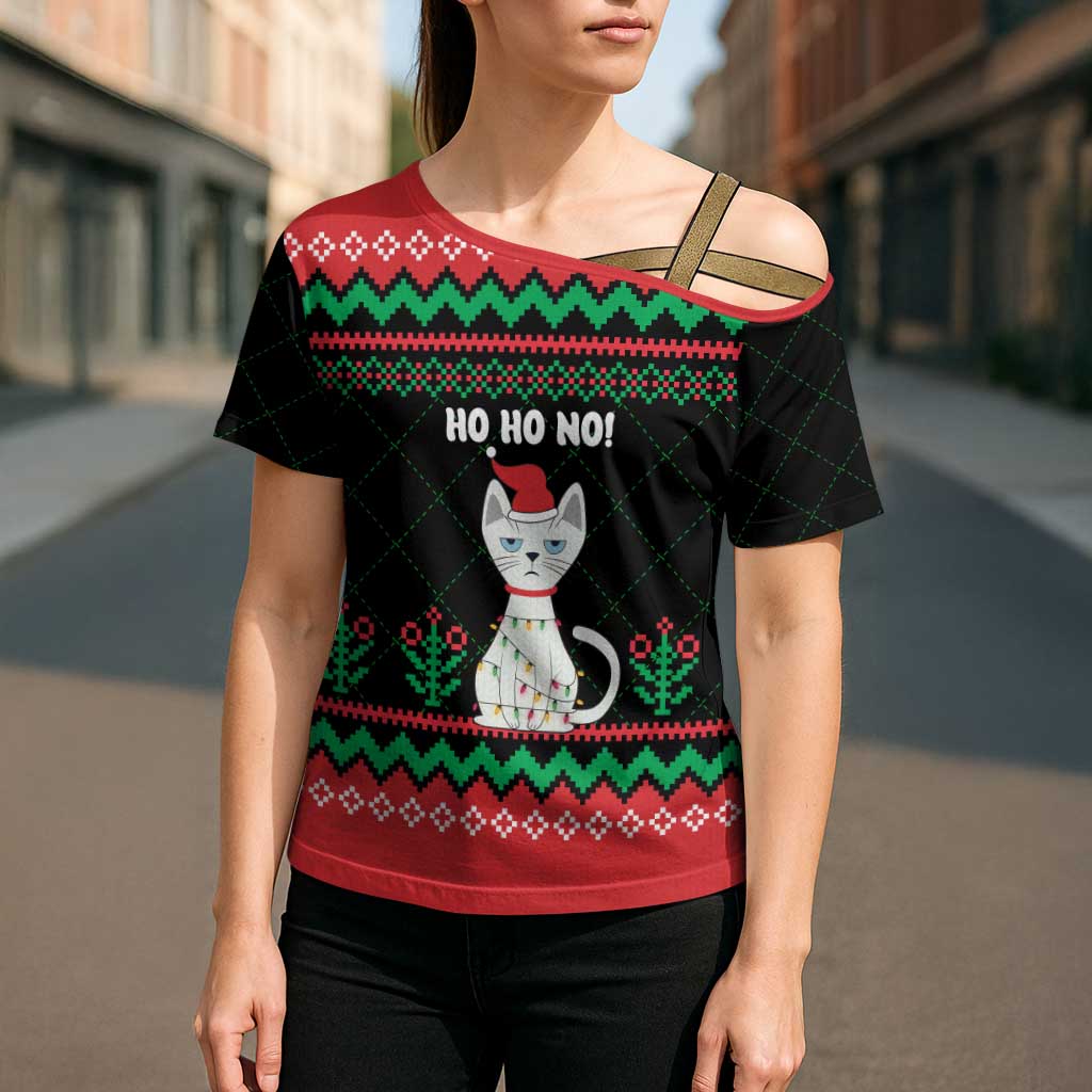 Christmas Cat Cross Shoulder Shirt with Grumpy Cat in Santa Hat Holiday Lights - Wonder Print Shop