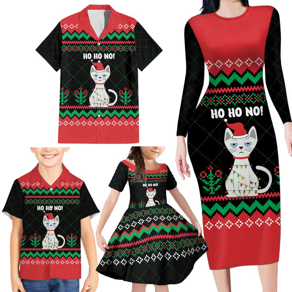 Christmas Cat Family Matching Long Sleeve Bodycon Dress and Hawaiian Shirt with Grumpy Cat in Santa Hat Holiday Lights - Wonder Print Shop
