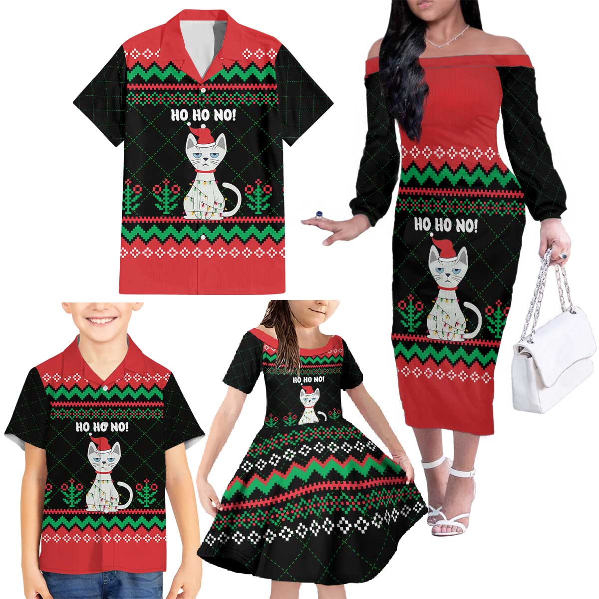Christmas Cat Family Matching Off The Shoulder Long Sleeve Dress and Hawaiian Shirt with Grumpy Cat in Santa Hat Holiday Lights - Wonder Print Shop