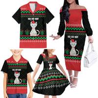 Christmas Cat Family Matching Off The Shoulder Long Sleeve Dress and Hawaiian Shirt with Grumpy Cat in Santa Hat Holiday Lights - Wonder Print Shop