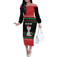 Christmas Cat Family Matching Off The Shoulder Long Sleeve Dress and Hawaiian Shirt with Grumpy Cat in Santa Hat Holiday Lights - Wonder Print Shop