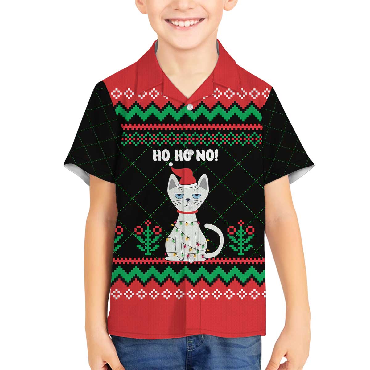 Christmas Cat Family Matching Off The Shoulder Long Sleeve Dress and Hawaiian Shirt with Grumpy Cat in Santa Hat Holiday Lights - Wonder Print Shop