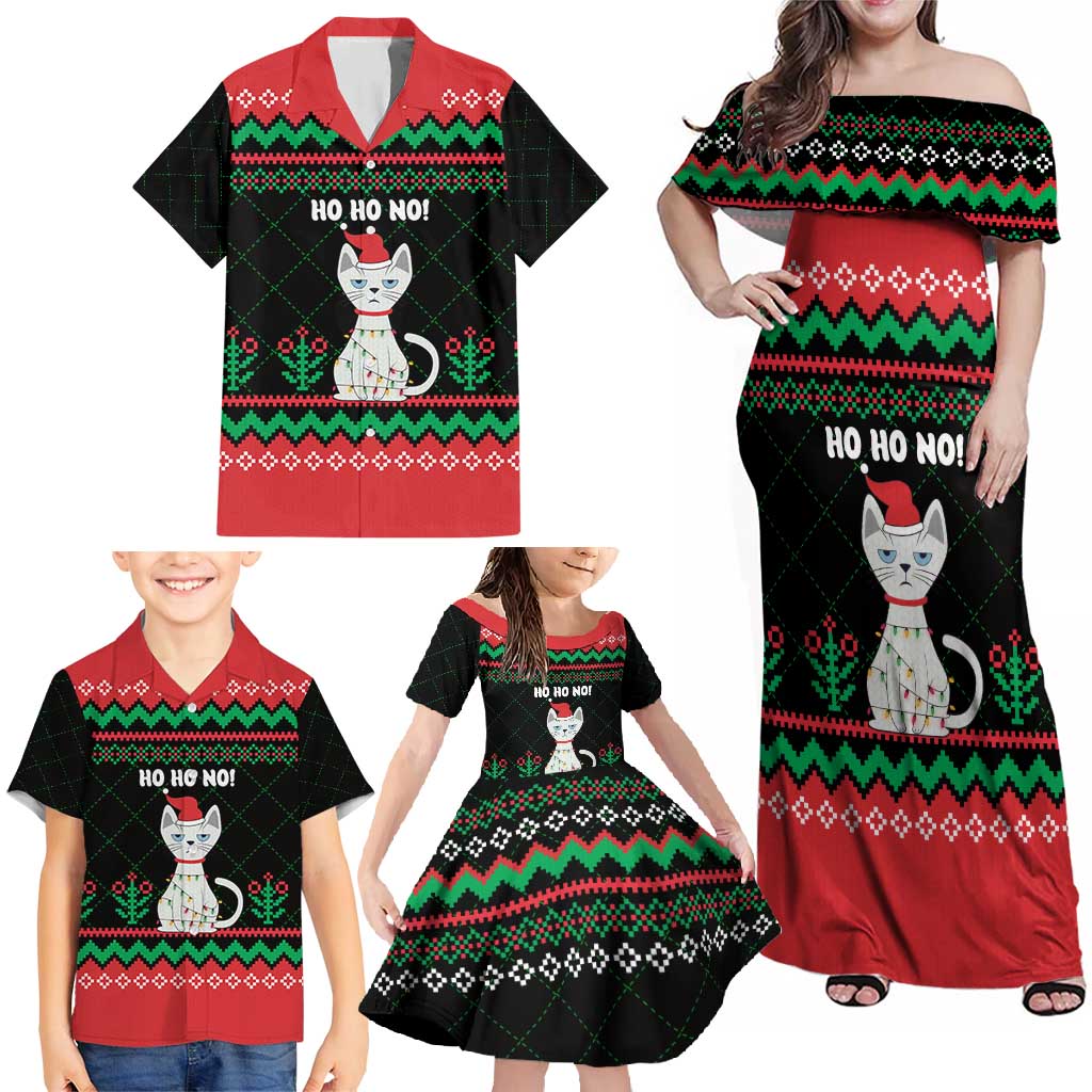 Christmas Cat Family Matching Off Shoulder Maxi Dress and Hawaiian Shirt with Grumpy Cat in Santa Hat Holiday Lights - Wonder Print Shop