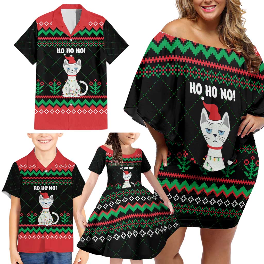 Christmas Cat Family Matching Off Shoulder Short Dress and Hawaiian Shirt with Grumpy Cat in Santa Hat Holiday Lights - Wonder Print Shop