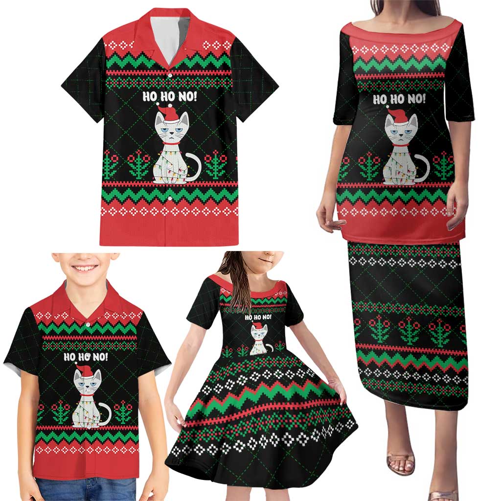 Christmas Cat Family Matching Puletasi and Hawaiian Shirt with Grumpy Cat in Santa Hat Holiday Lights - Wonder Print Shop