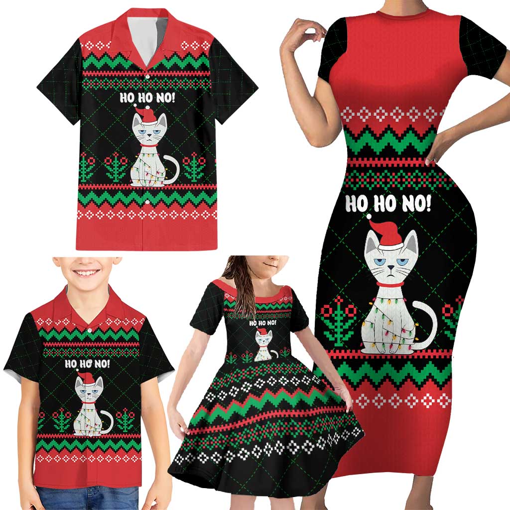 Christmas Cat Family Matching Short Sleeve Bodycon Dress and Hawaiian Shirt with Grumpy Cat in Santa Hat Holiday Lights - Wonder Print Shop